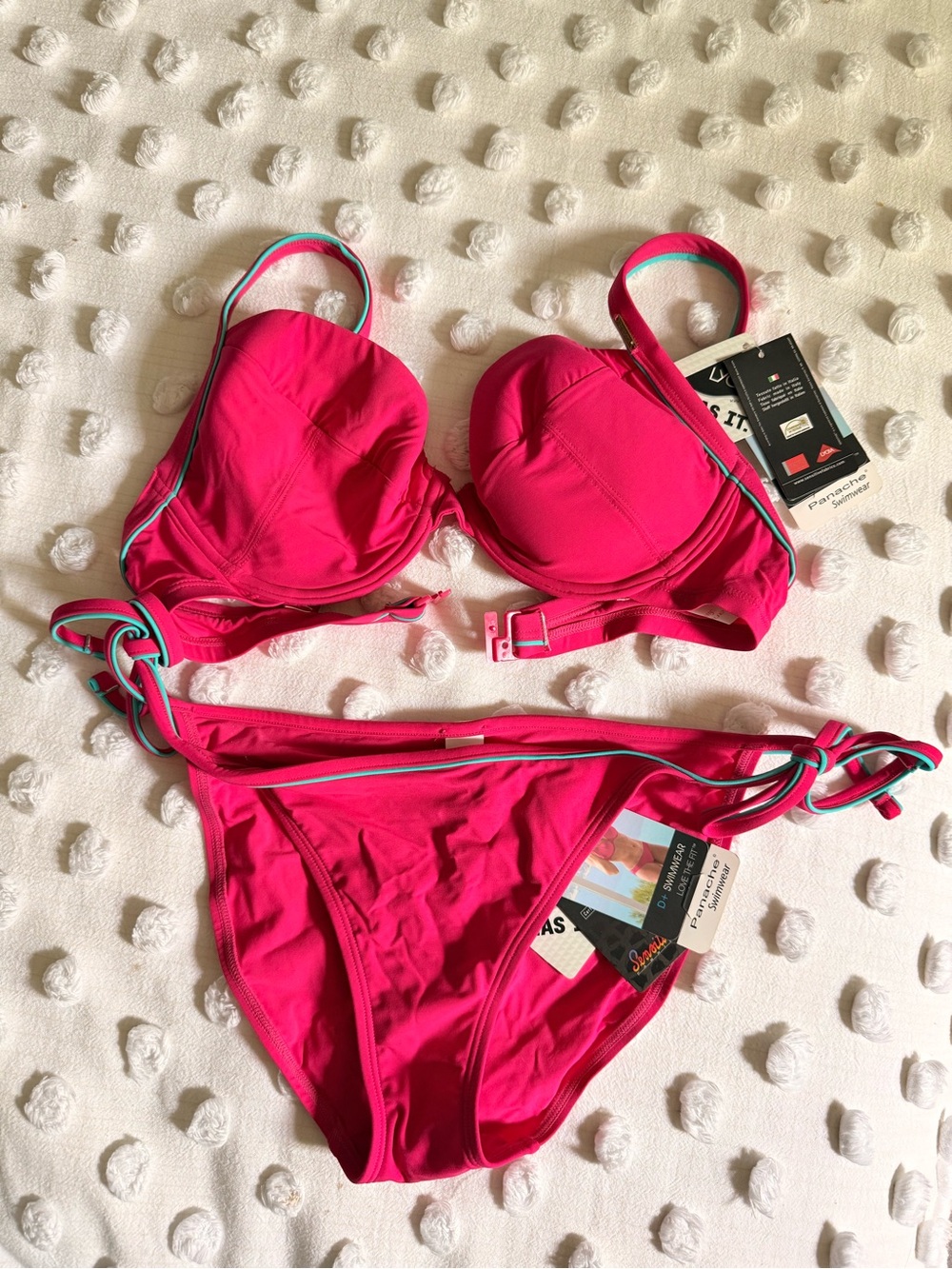 NWT Sise 34D UK Panache Hot Pink Bikini Set with Teal Trim. Bottoms size 12 UK